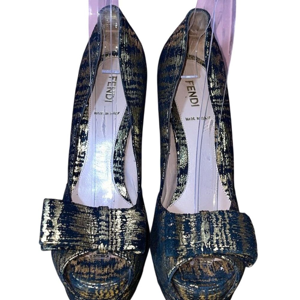 Fendi Women's Black Suede Peep Toe Platform Pumps Bow Accents Size 6.5